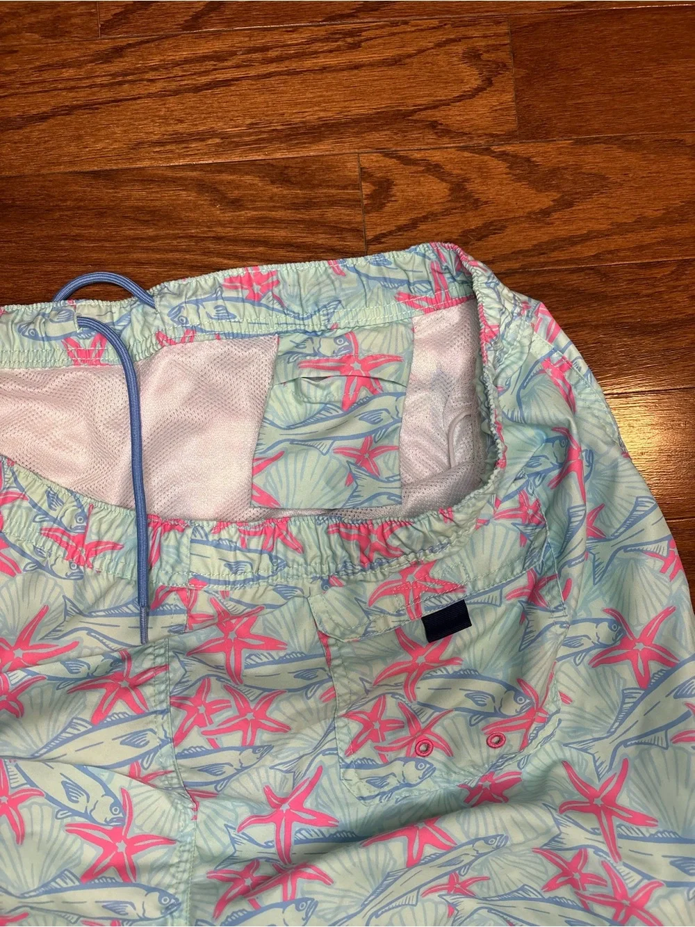 Vineyard Vines Light Green Swim Trunks with Pink Starfish and Blue Fish